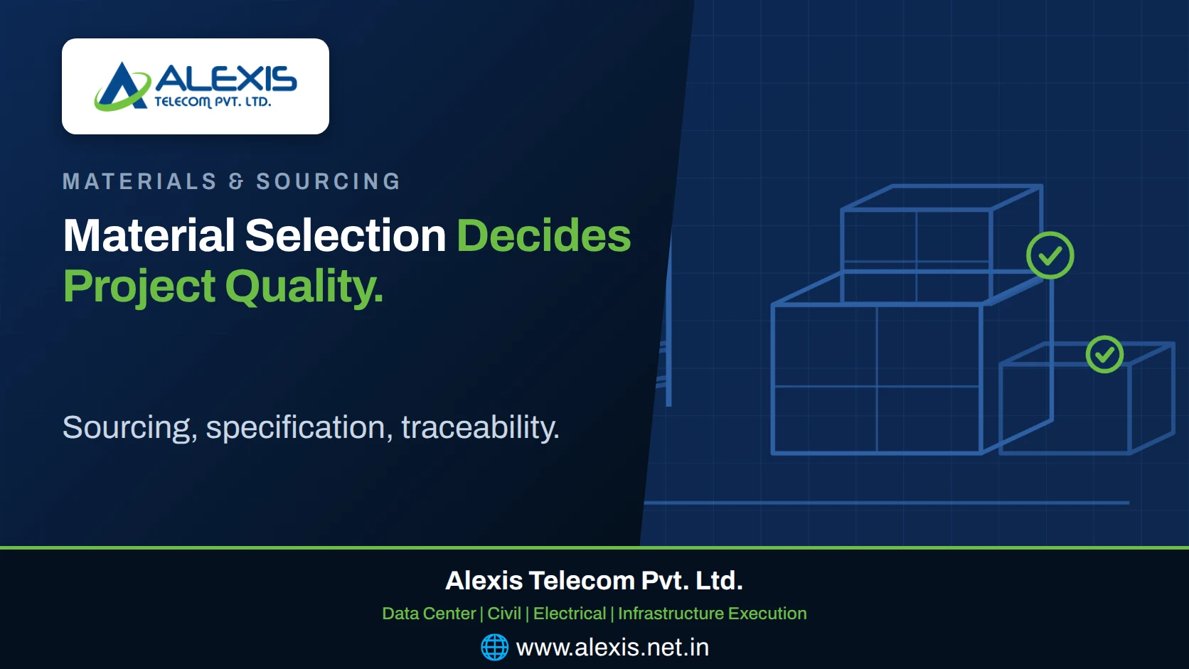 Materials staged and checked before installation — sourcing, specification compliance and traceability by Alexis Telecom Pvt. Ltd.