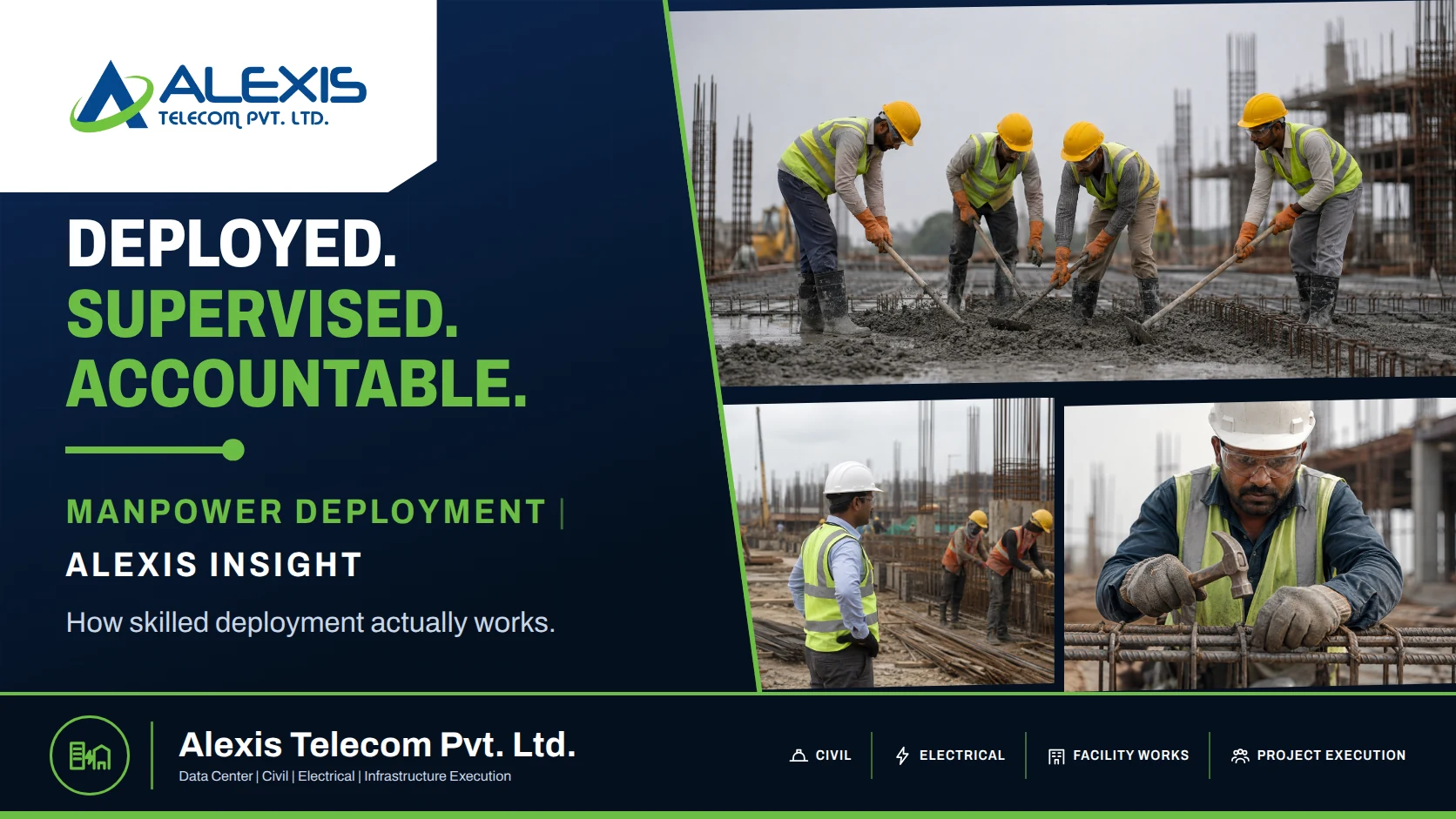 A site team screeding a fresh concrete pour, a supervisor watching a reinforcement crew, and a bar bender at work.